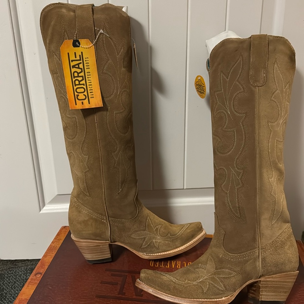 Coral sand suede embroidery tall top boots